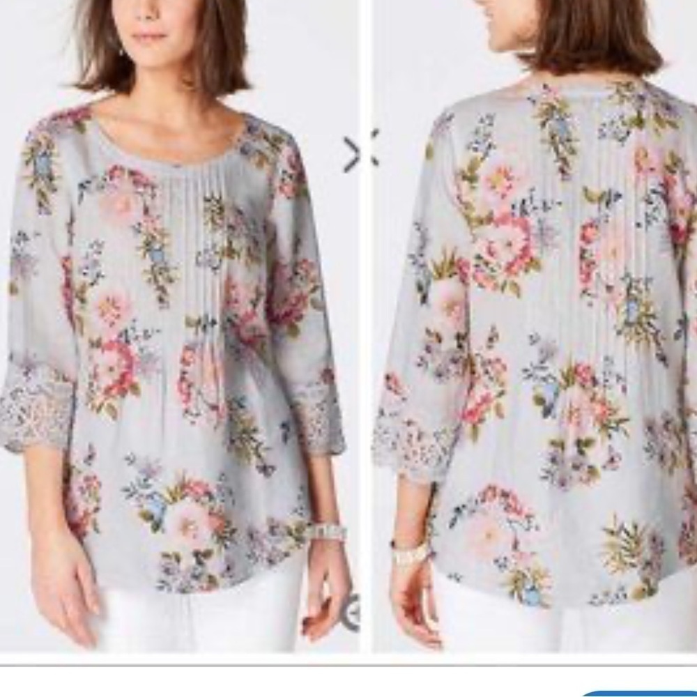 J Jill Blouse love Linen light blue gray  Floral 3/4 Sleeve Top Size Small